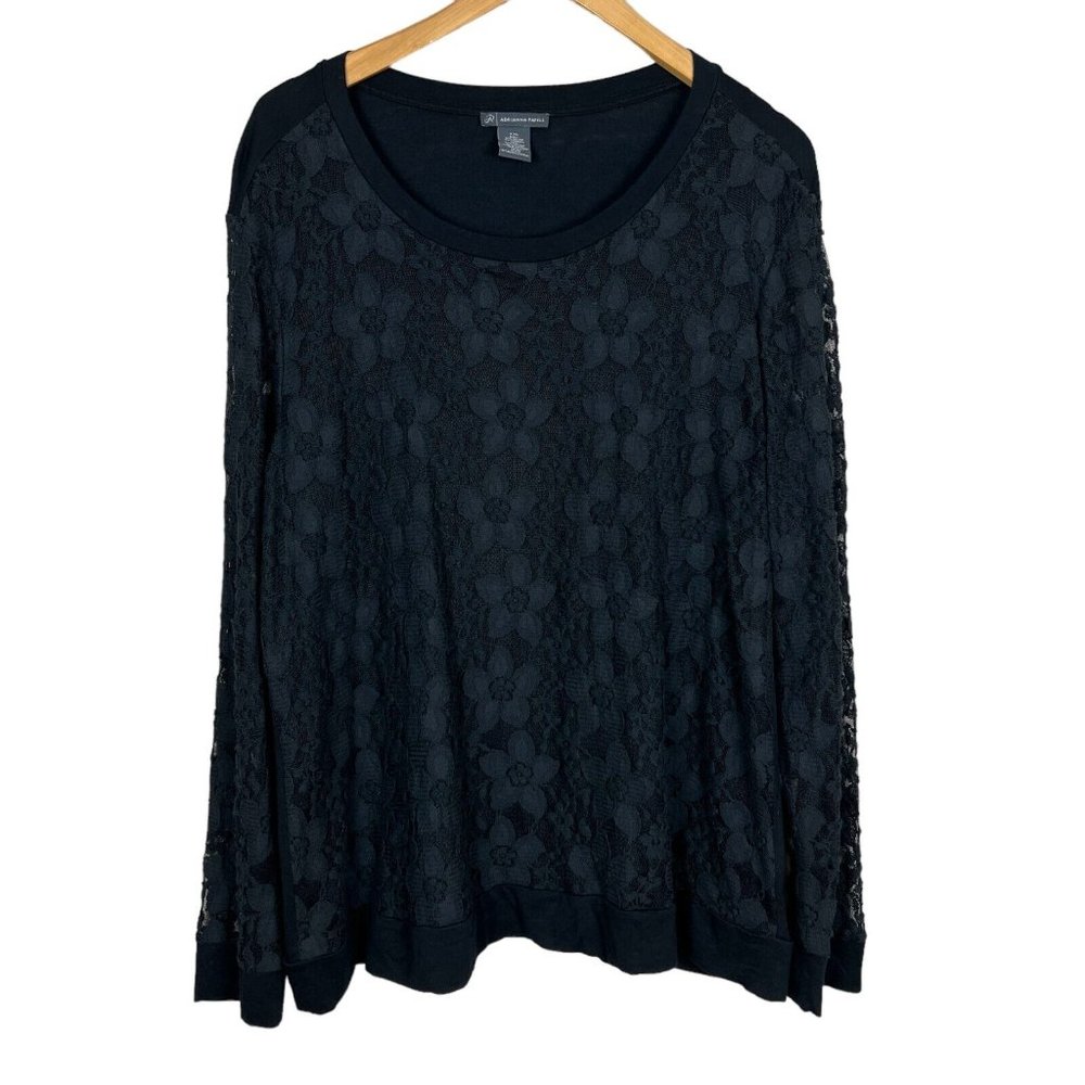 Adrianna Papell Top Womens XXL Black Lace Floral Long‎ Sheer Sleeve Knit